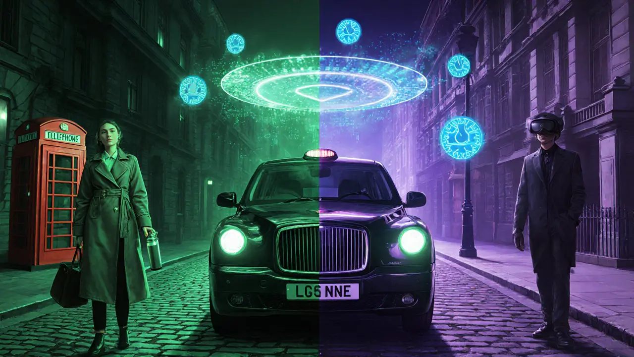A futuristic scene blends classic London streets with digital holograms, showing sustainable fashion and AI matchmaking.