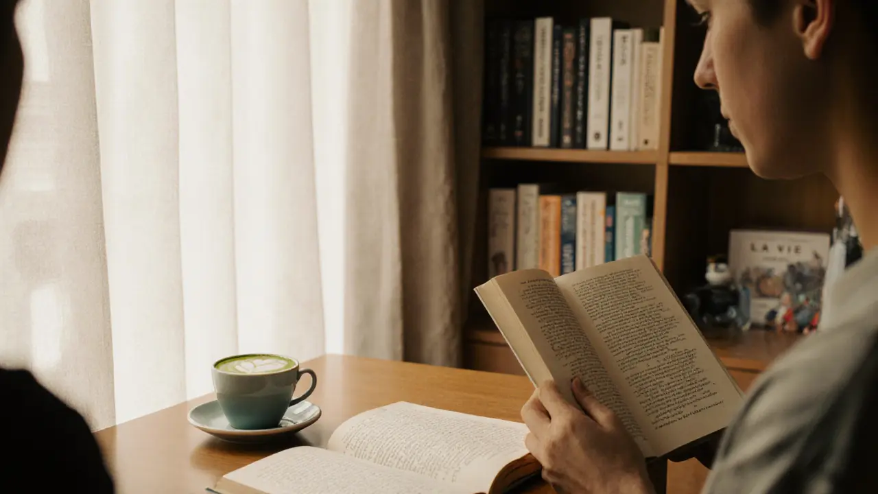A peaceful café corner with a person reading queer poetry, bathed in soft sunlight.