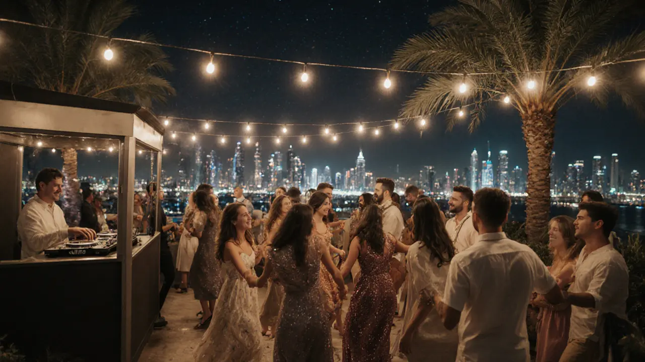 A rooftop garden party under string lights with diverse LGBTQ+ guests dancing and holding hands at night.