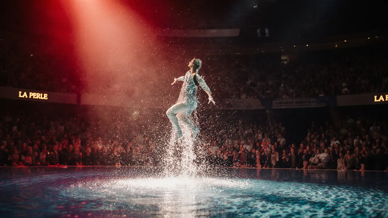 Acrobat frozen mid-air above a sparkling pool, bathed in crimson light with water droplets suspended like diamonds.