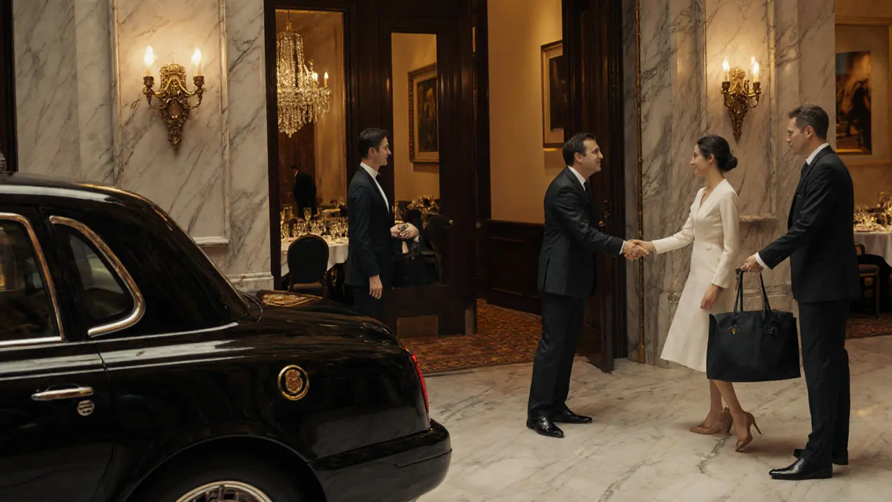 An elegantly dressed companion meets a client in a luxury hotel lobby, with a black cab and upscale venue visible.