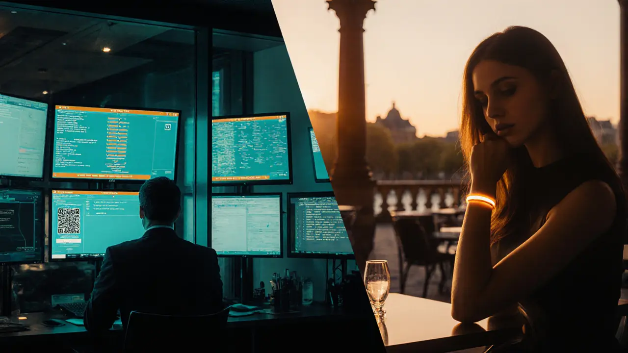 Companion wearing a discreet GPS device while a monitoring center displays client verification data.