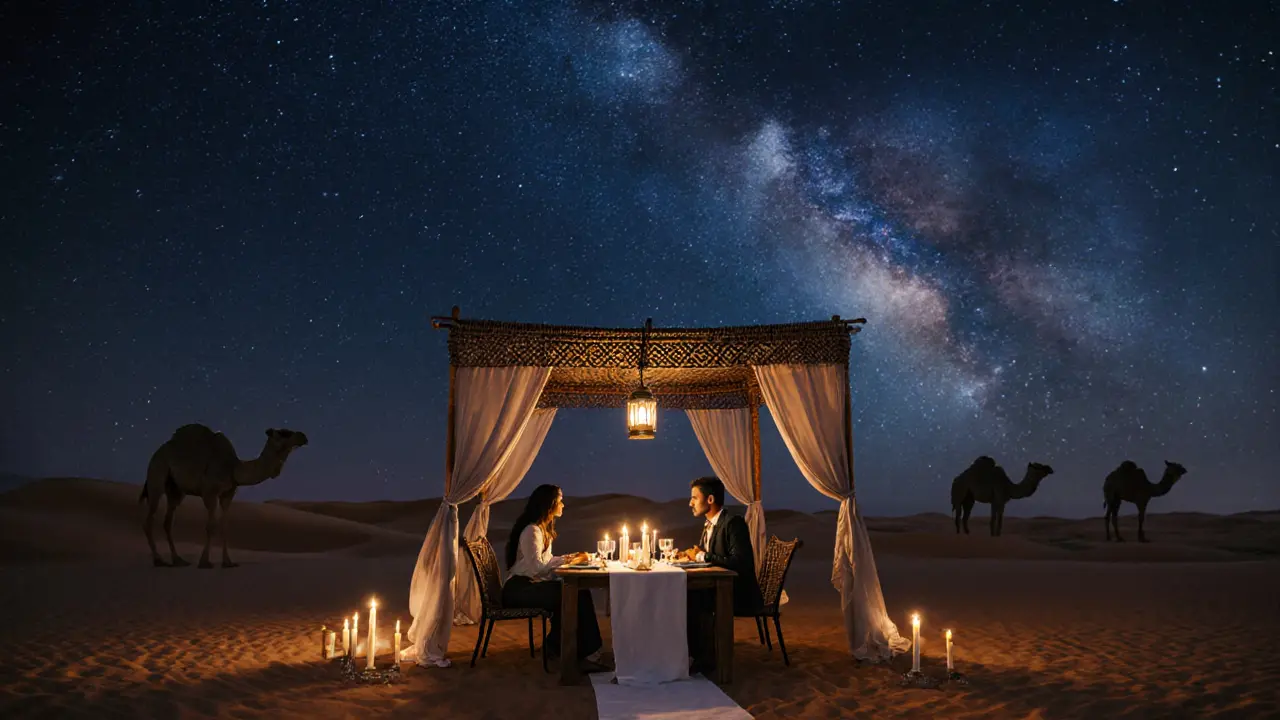 Couple dines by candlelight under a star‑filled desert sky with dunes.