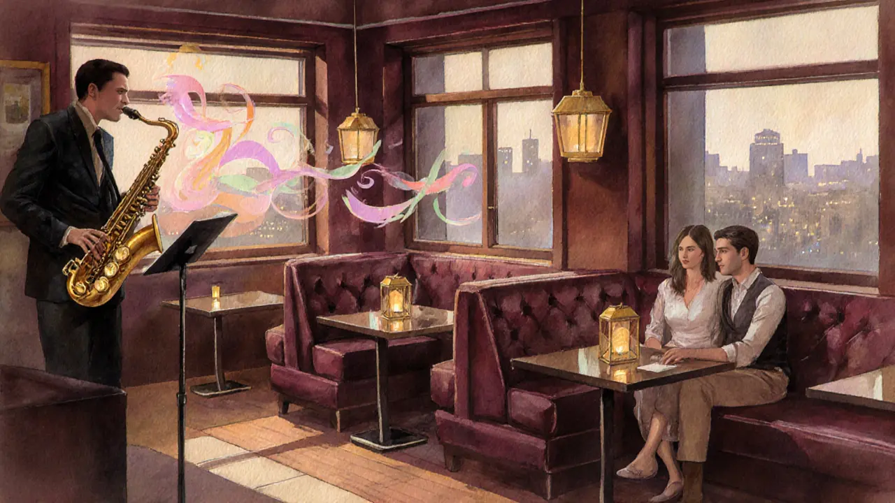 Couple listening to live jazz in a dim, cozy lounge with warm lighting.