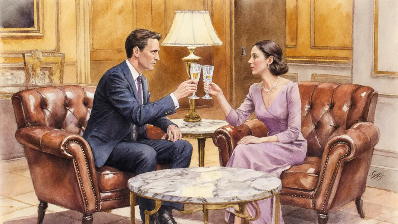Couple toasting in a luxurious hotel lounge with warm lighting.
