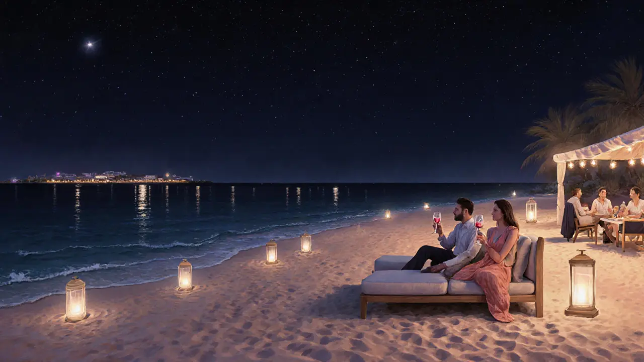 Couples and friends enjoying a quiet beach club at night with lanterns, sand, and calm water.