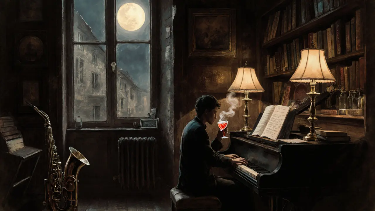 Cozy dimly lit bar with piano bar, books, and moonlight, a person sipping a drink by the window.
