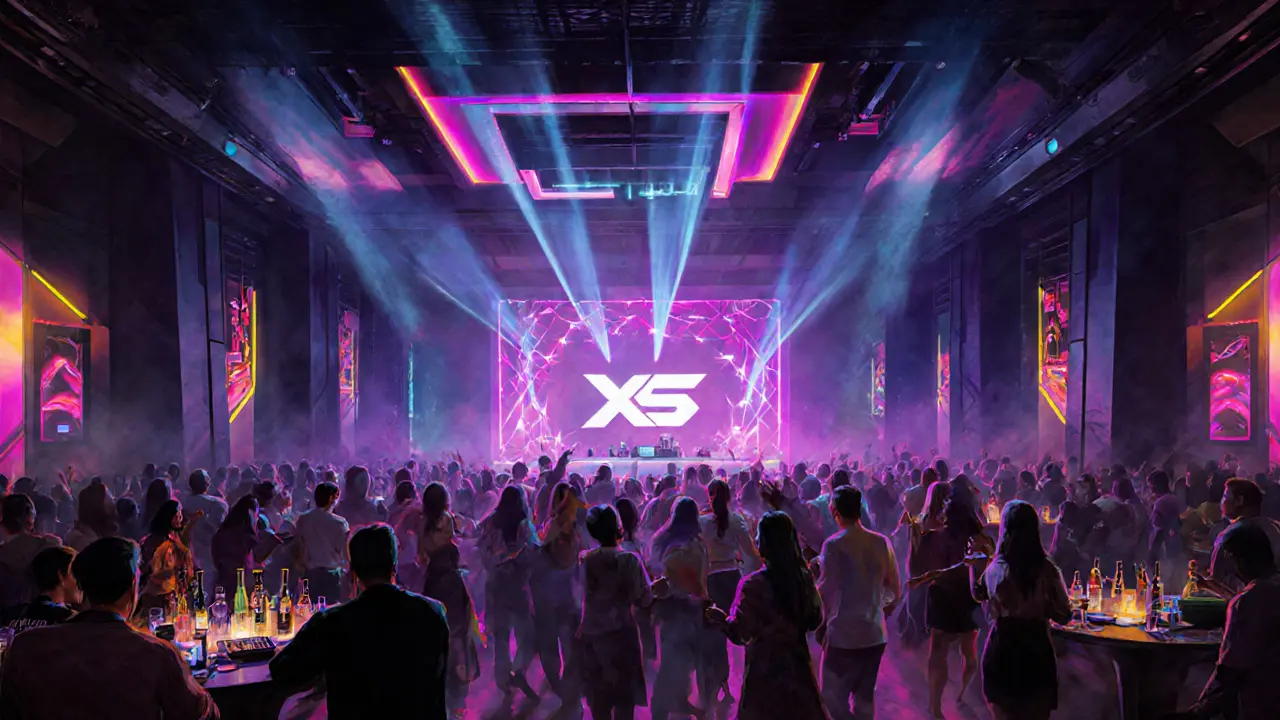 Crowd dancing in a modern Abu Dhabi nightclub under neon lights and pulsing DJ beats.