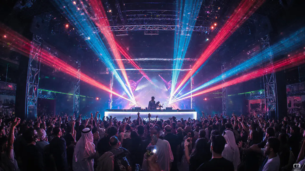 Crowded White Dubai club with laser lights and diverse dancers.