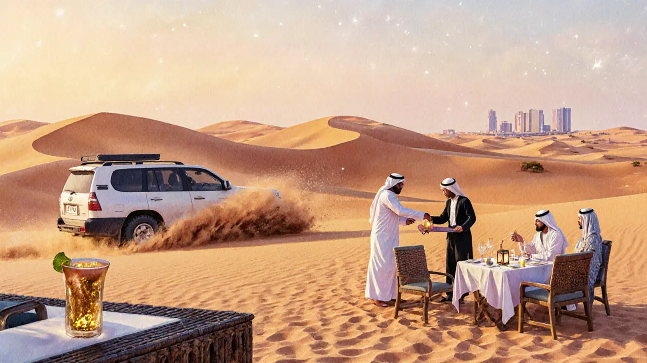 Desert safari at sunset with sandboarding, Bedouin dinner under stars, and a private beach cabana.