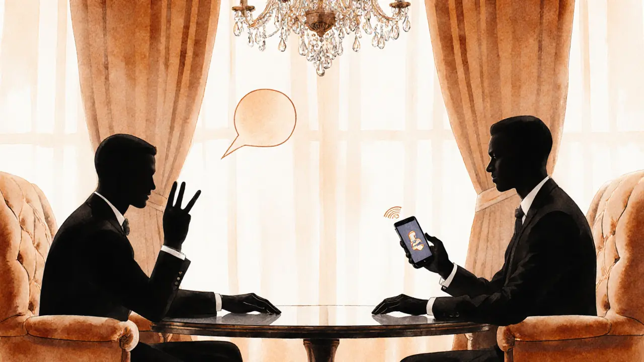 Discreet hotel lounge meeting with subtle safety gesture and encrypted phone message.