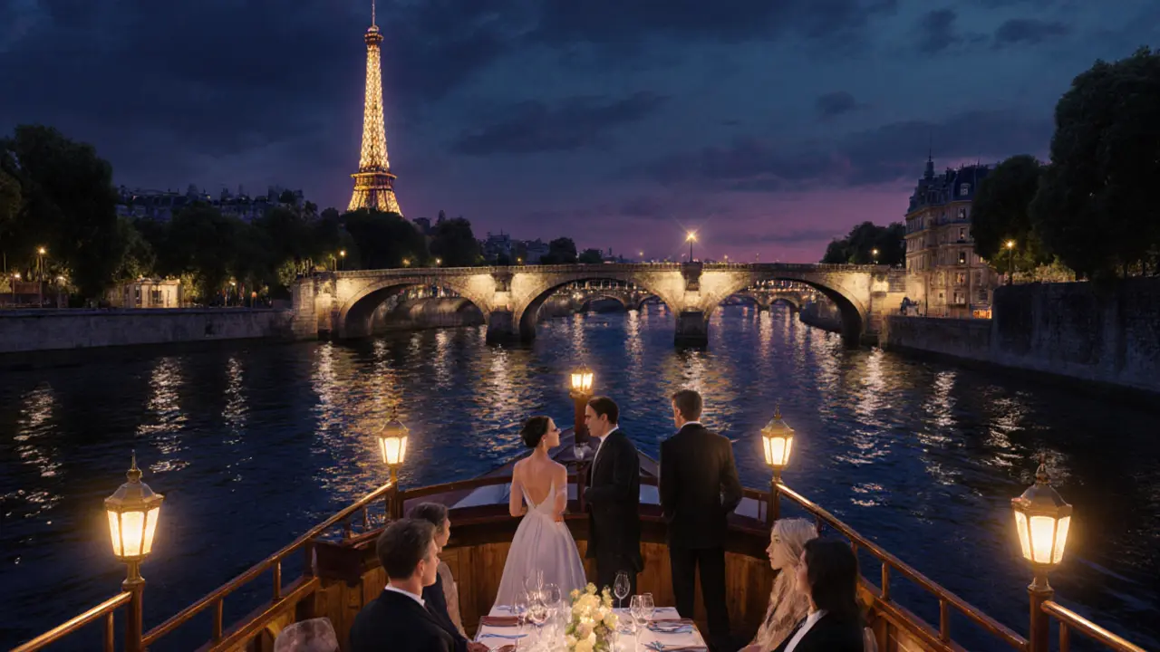 Evening Seine cruise showing illuminated bridges and reflections of the Eiffel Tower.
