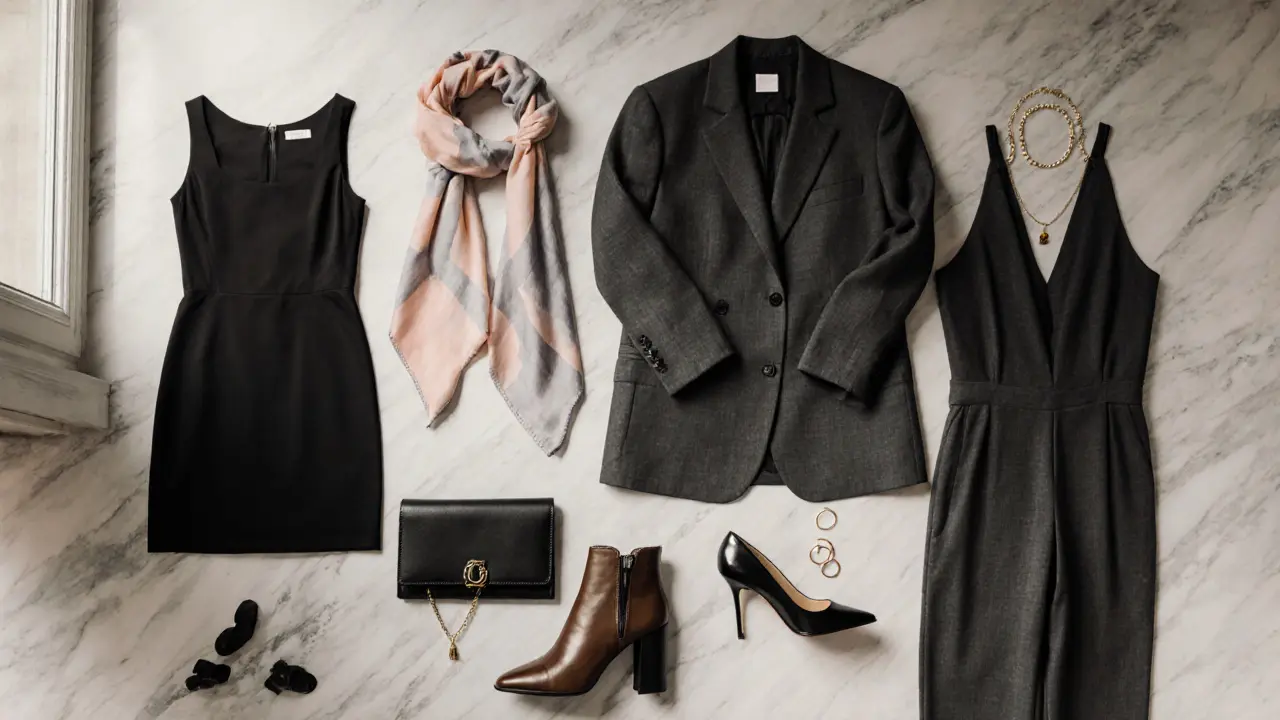 Flat lay of Paris night‑out essentials on marble: dress, blazer, scarf, shoes, clutch, jewelry.