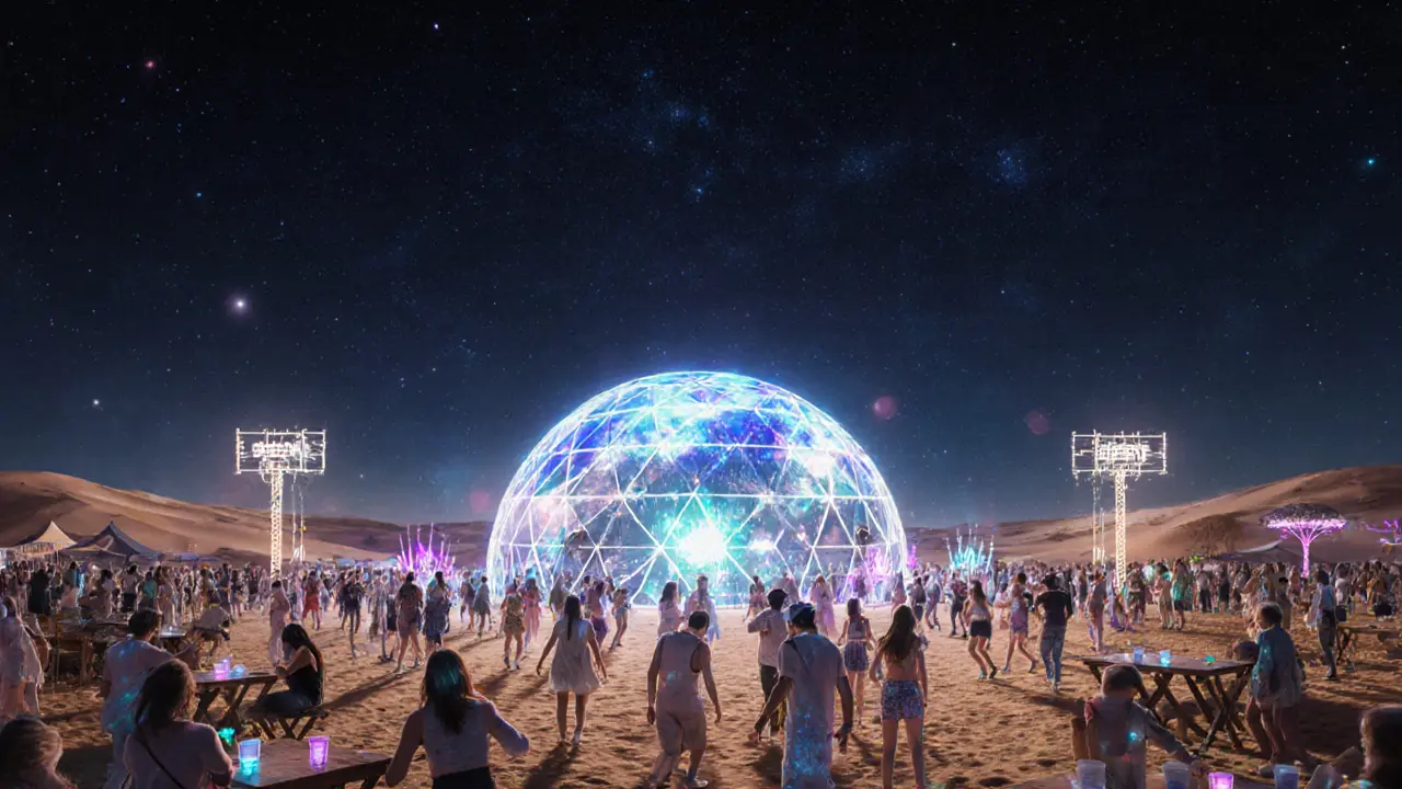 Futuristic desert rave with VR dome and solar lighting.