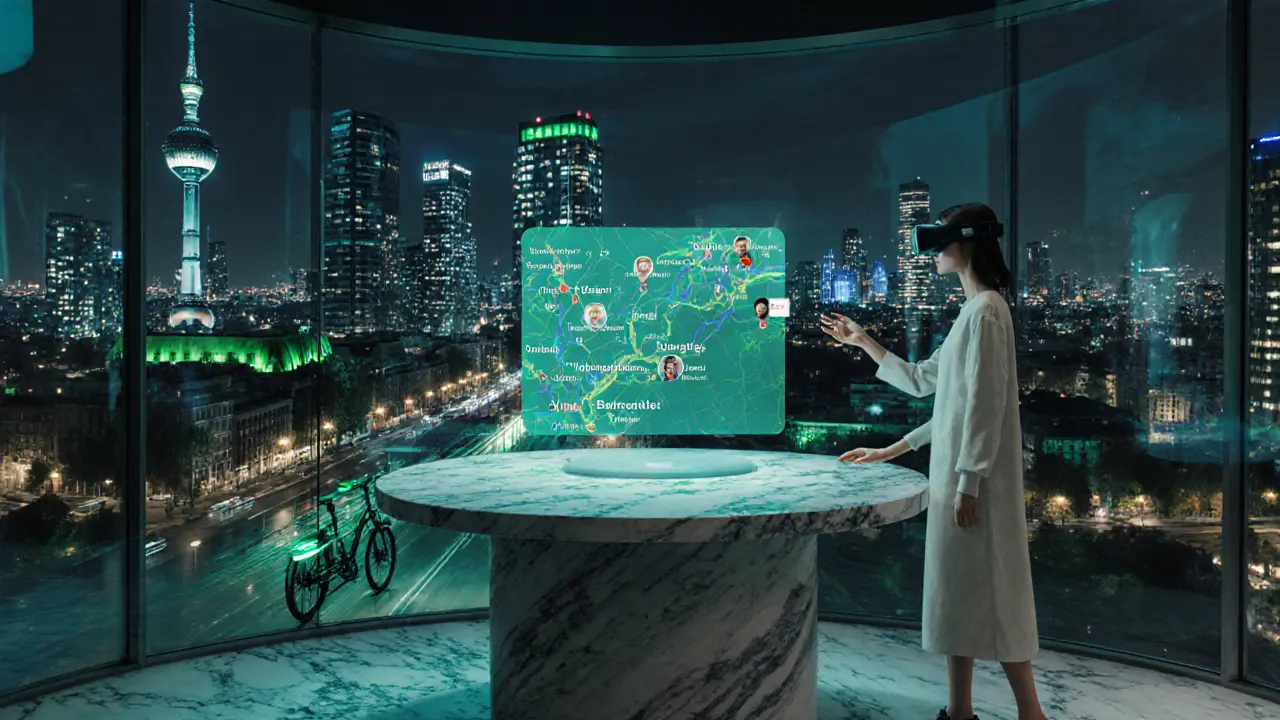 Futuristic VR lounge with AI matching screen and eco‑friendly hotel backdrop in Berlin.