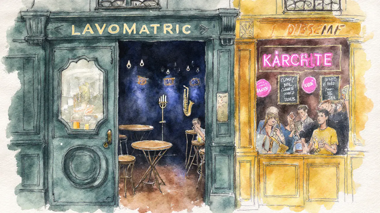 Hidden speakeasy door, intimate jazz cellar, and lively student bar in a watercolor scene.
