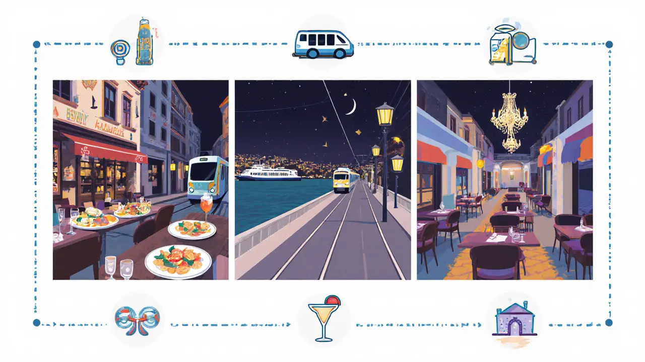 Illustrated itinerary showing Beyoğlu tavern, Kadıköy promenade, and Nişantaşı lounge linked by transport icons.