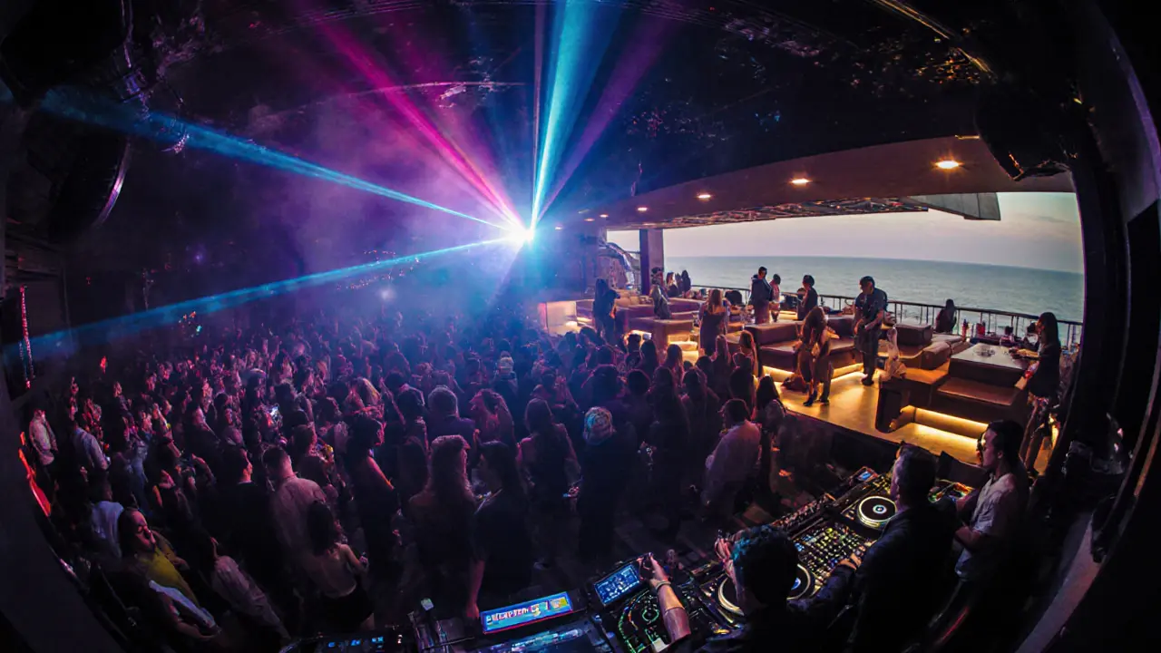 Inside Jimmy'z club with neon lasers, dancing crowd, and seaside terrace.