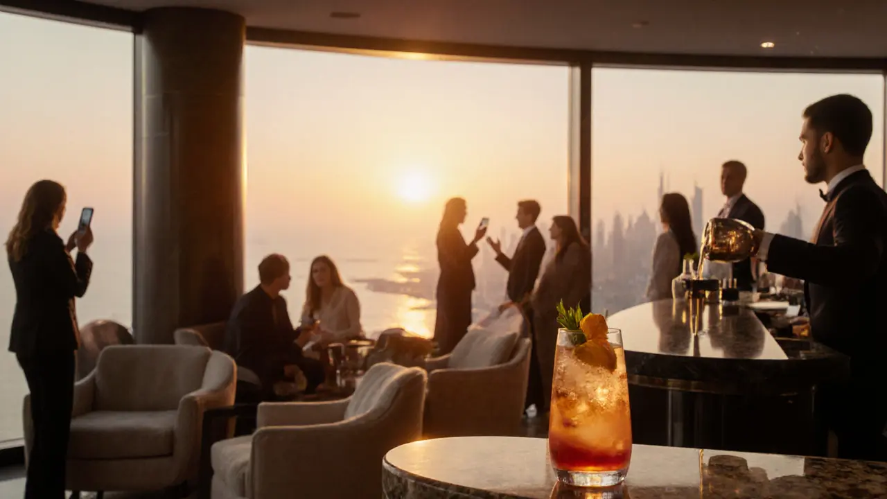 Interior of Skyline Lounge showing a sunset view, bartender preparing a signature drink.