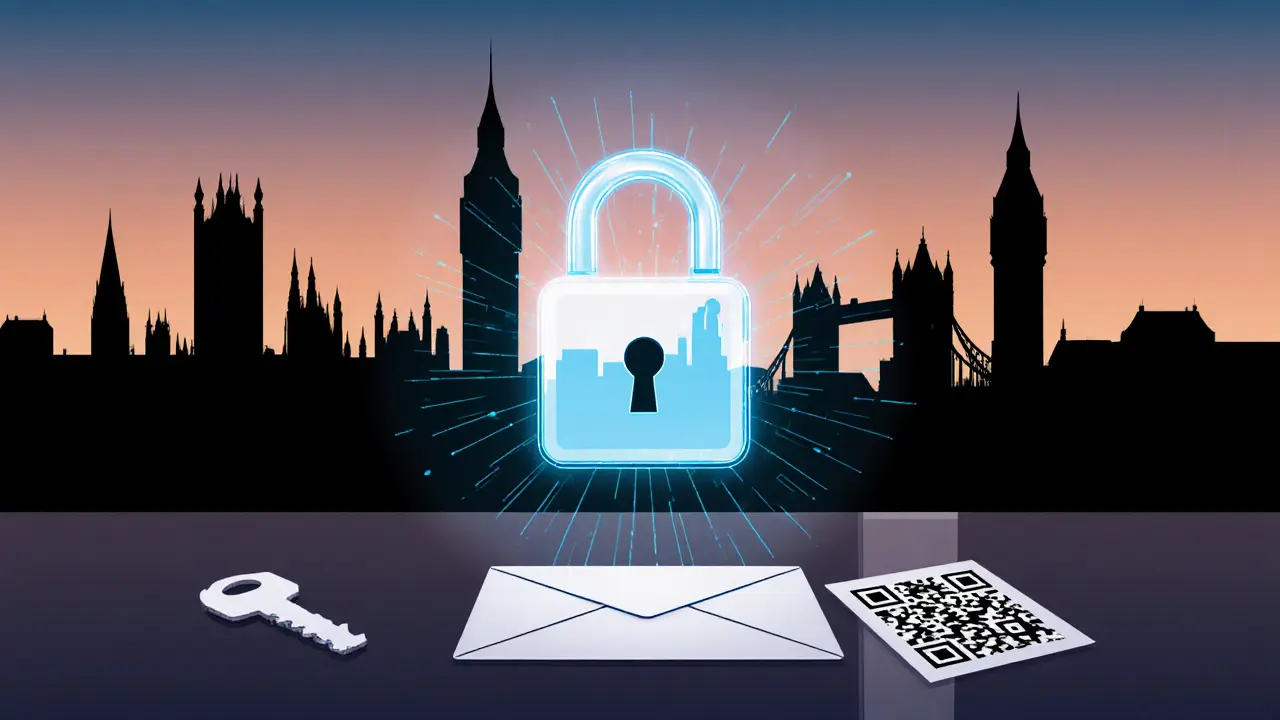 London skyline with a translucent padlock and secure booking symbols.