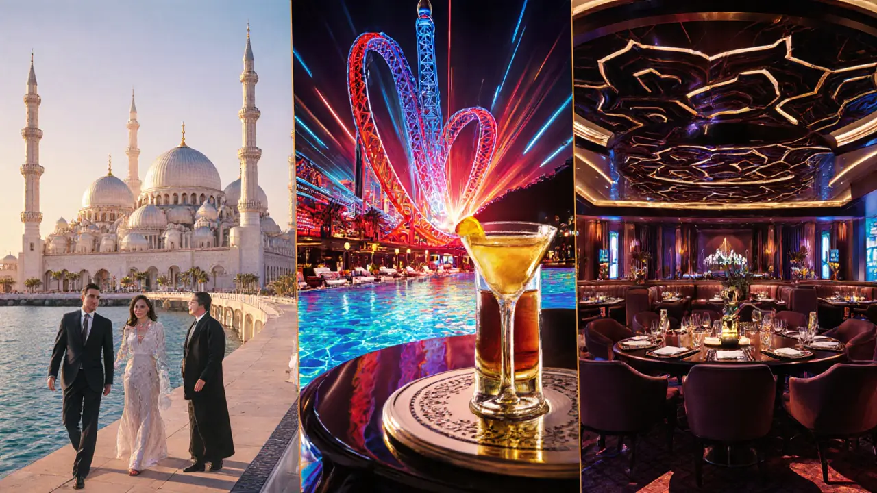 Luxurious Abu Dhabi day scene showing mosque, Ferrari World, Emirates Palace pool, fine dining and nightclub.