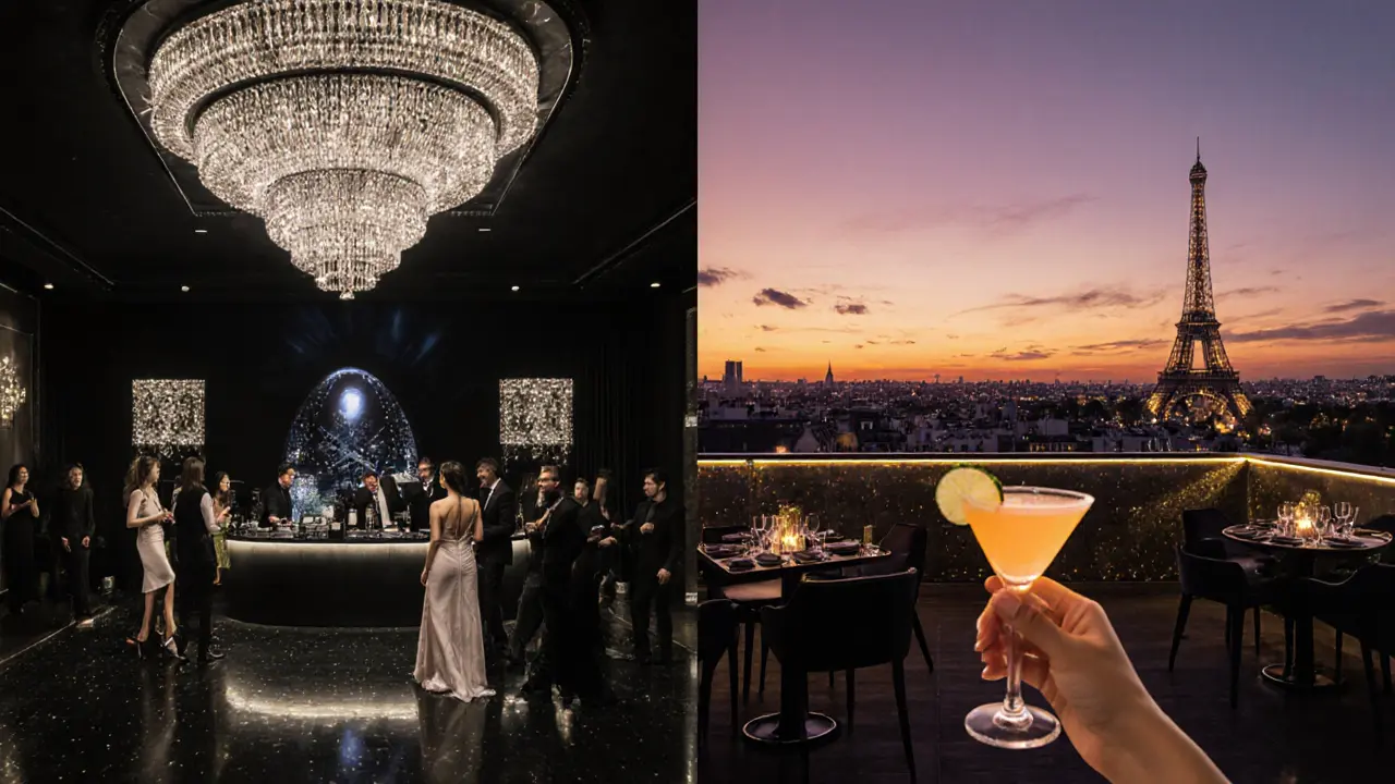 Luxurious club interior with chandelier and rooftop terrace overlooking Eiffel Tower at sunset.