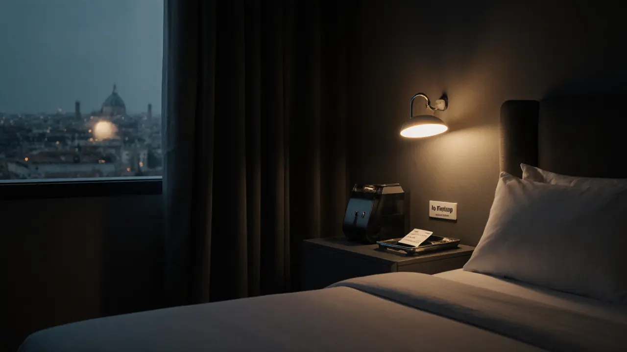 Luxurious, sound‑proof hotel suite with lockbox and subtle do‑not‑disturb sign.