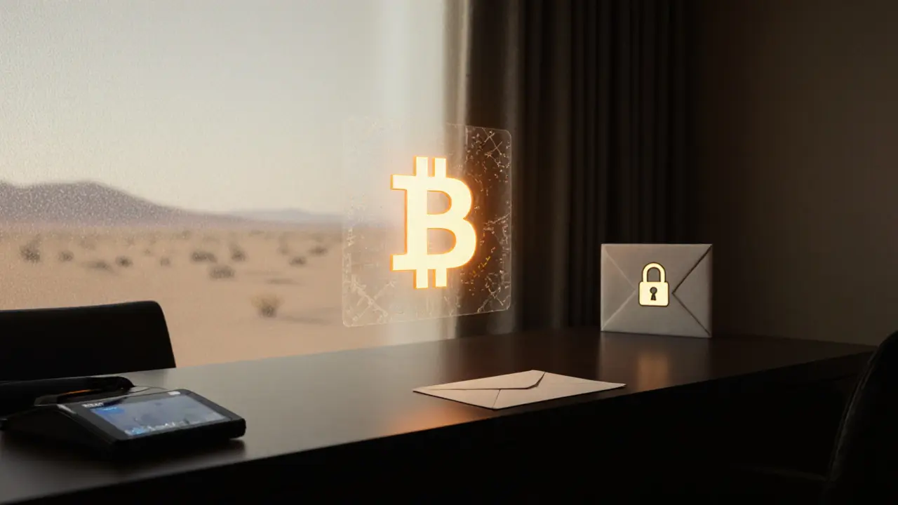 Private suite with virtual credit card, cryptocurrency hologram, and sealed envelope.