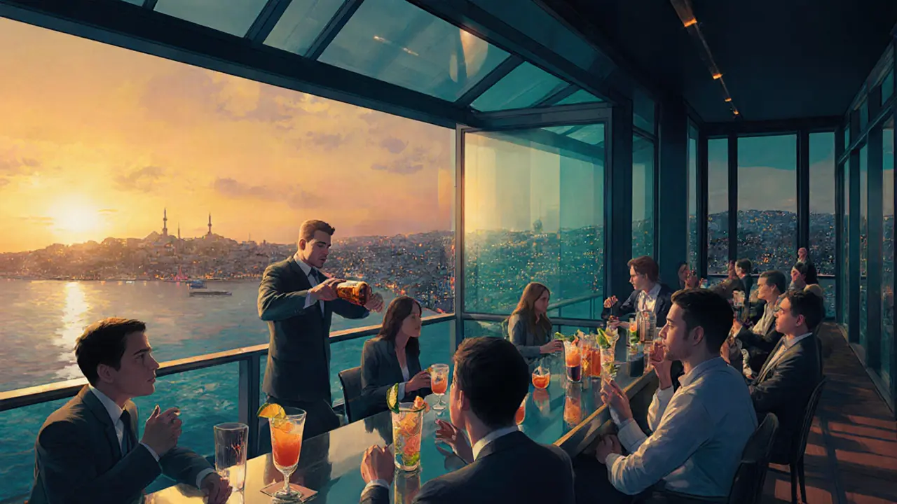 Rooftop bar Leb‑i Derya at sunset, patrons enjoying cocktails with city skyline.
