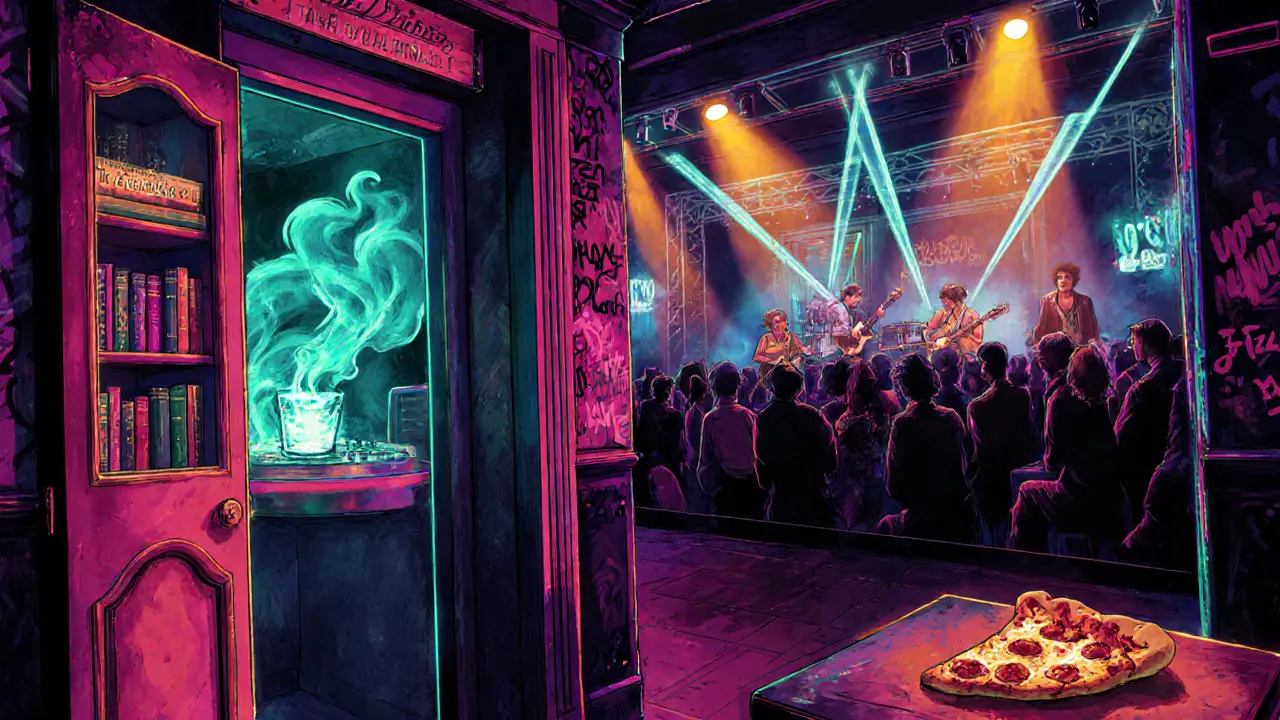 Shoreditch nightlife showing a speakeasy, XOYO club interior, indie music stage and pizza slice.