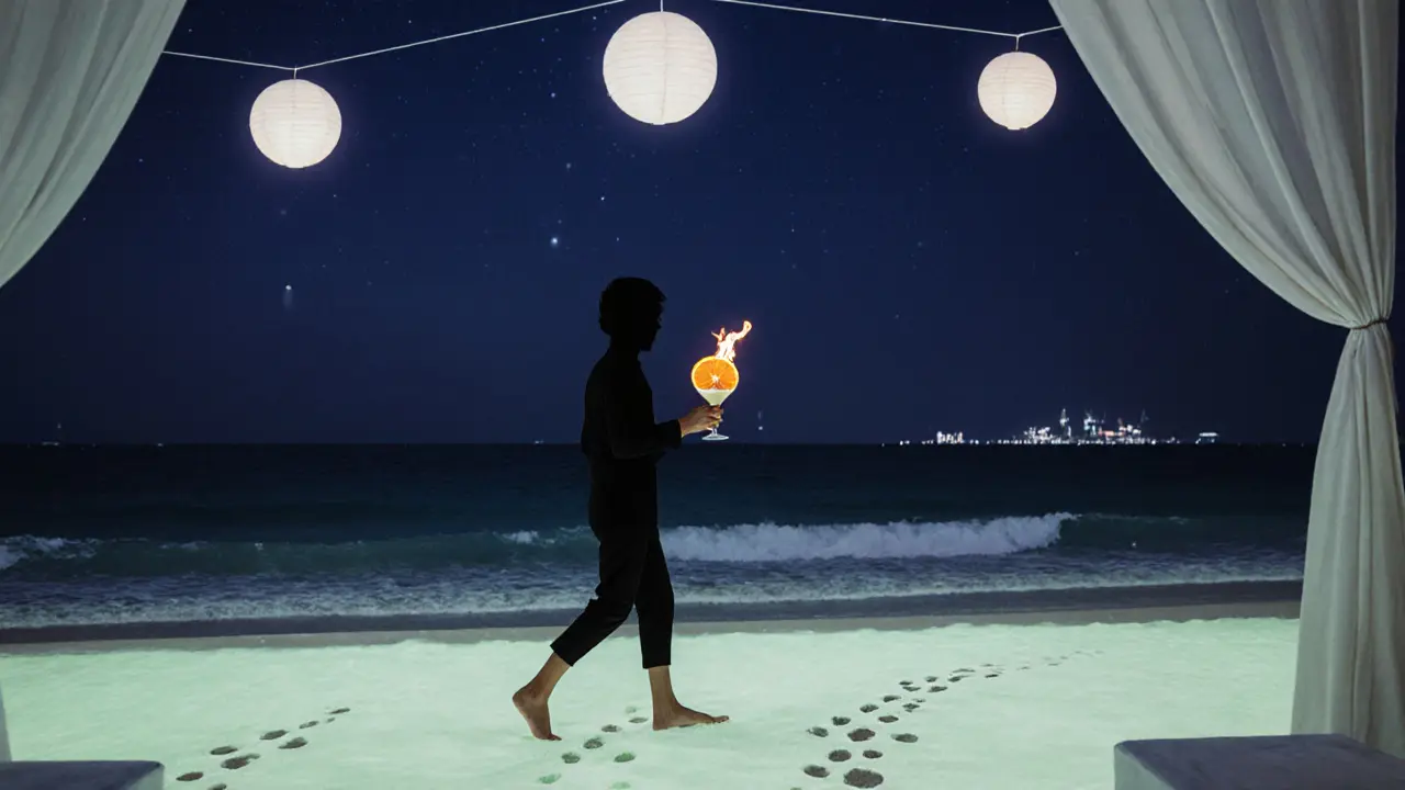 Silhouette walking through glowing sand on a beach at night, holding a cocktail with a flaming slice.