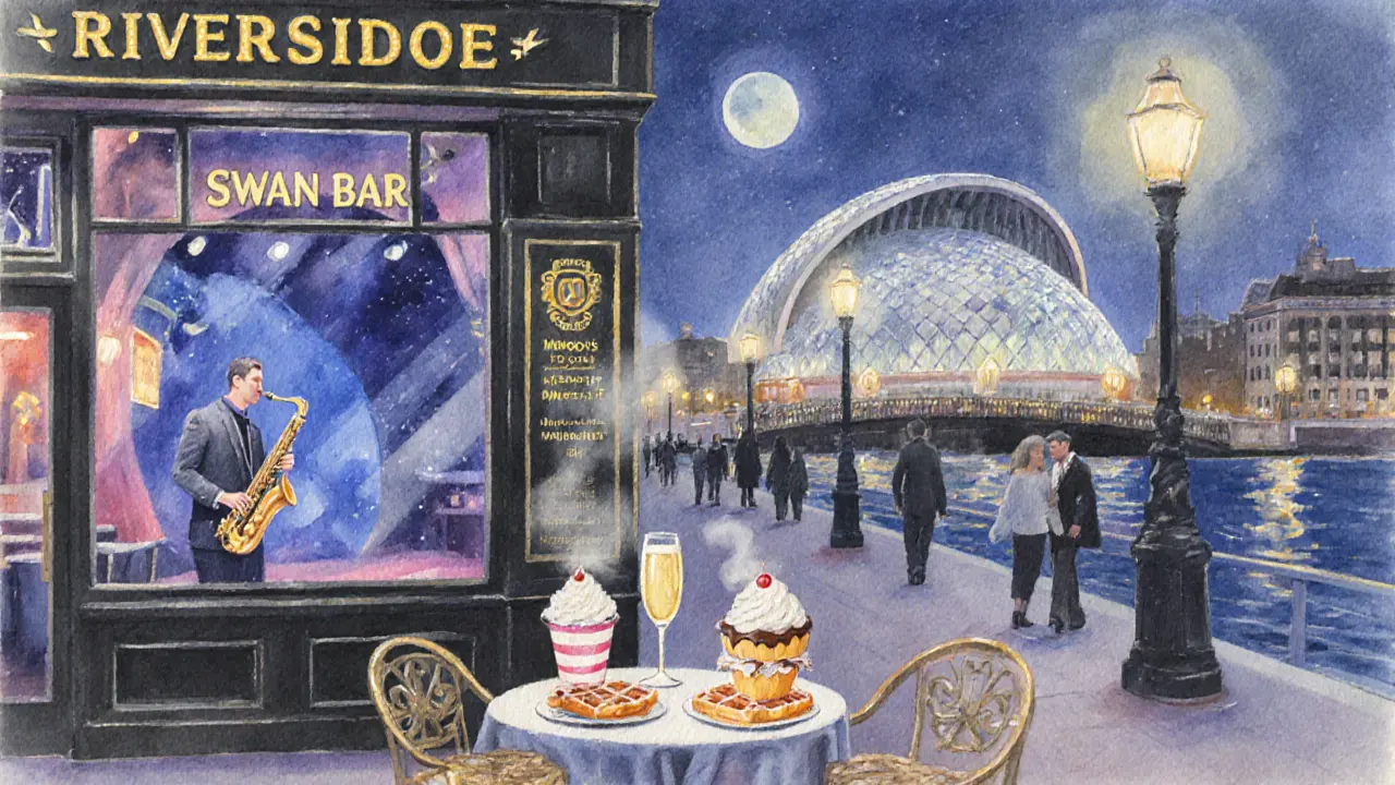 Southbank riverside at night with Swan Bar, jazz performance, dessert table and illuminated promenade.
