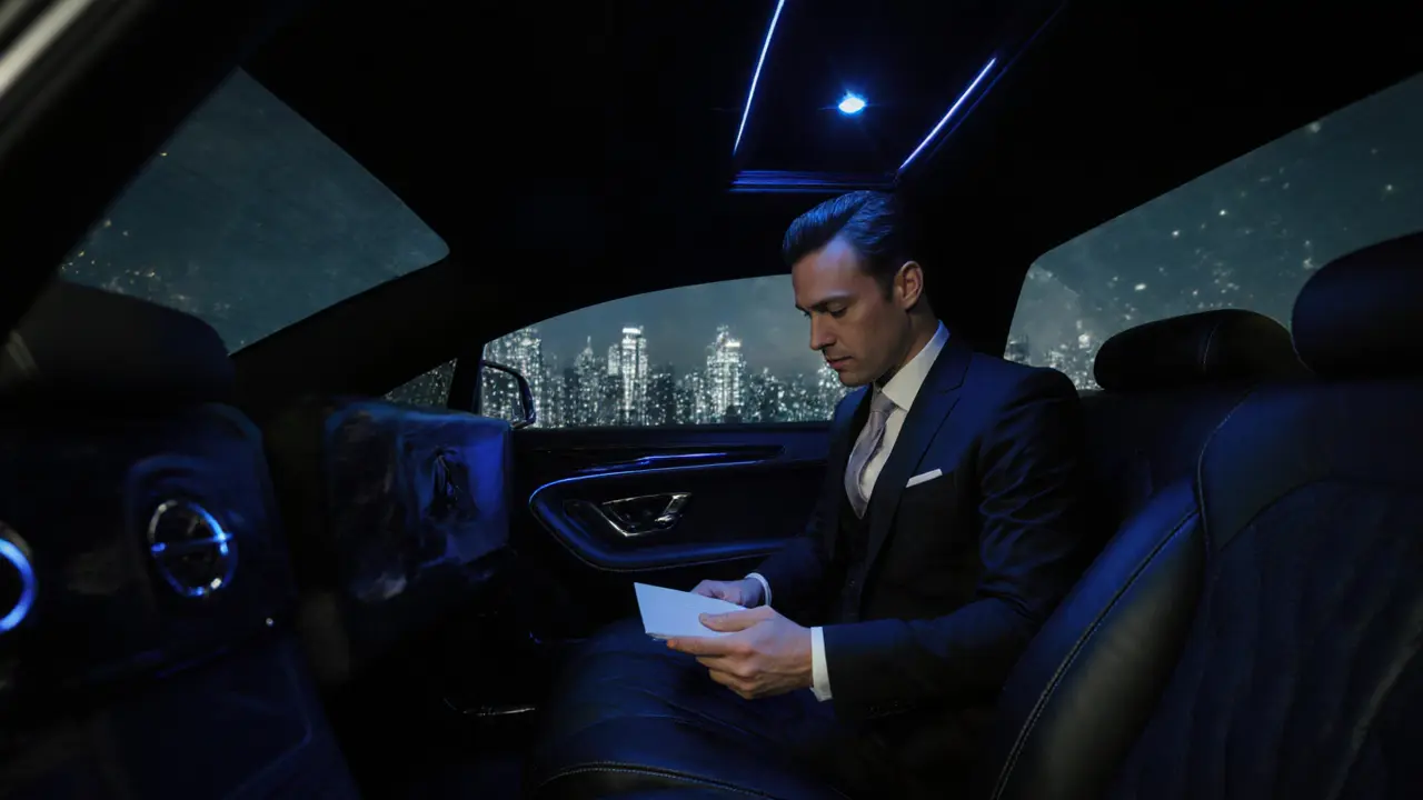 Stylish companion handing a discreet envelope inside a black limousine.