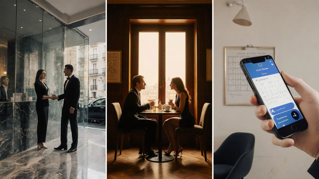 Three scenes show high‑end agency, boutique agency, and independent escort settings in Milan.