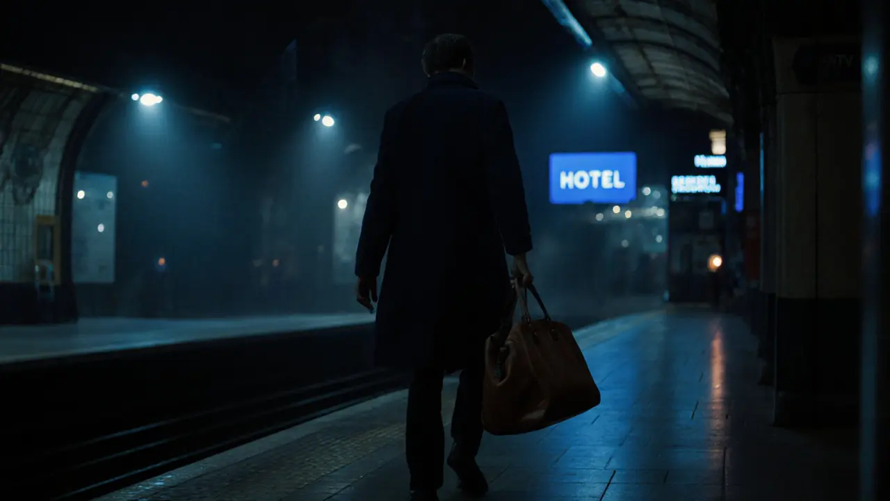 Traveler leaving rideshare at quiet Milan metro station near discreet hotel.