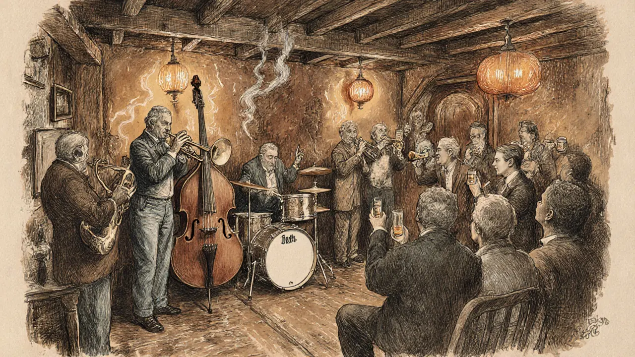 Vintage jazz club interior with musicians playing, warm lighting, and diverse crowd listening intently.