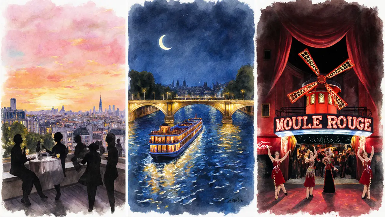 Watercolor collage of rooftop cocktail, river cruise, and Moulin Rouge performance.