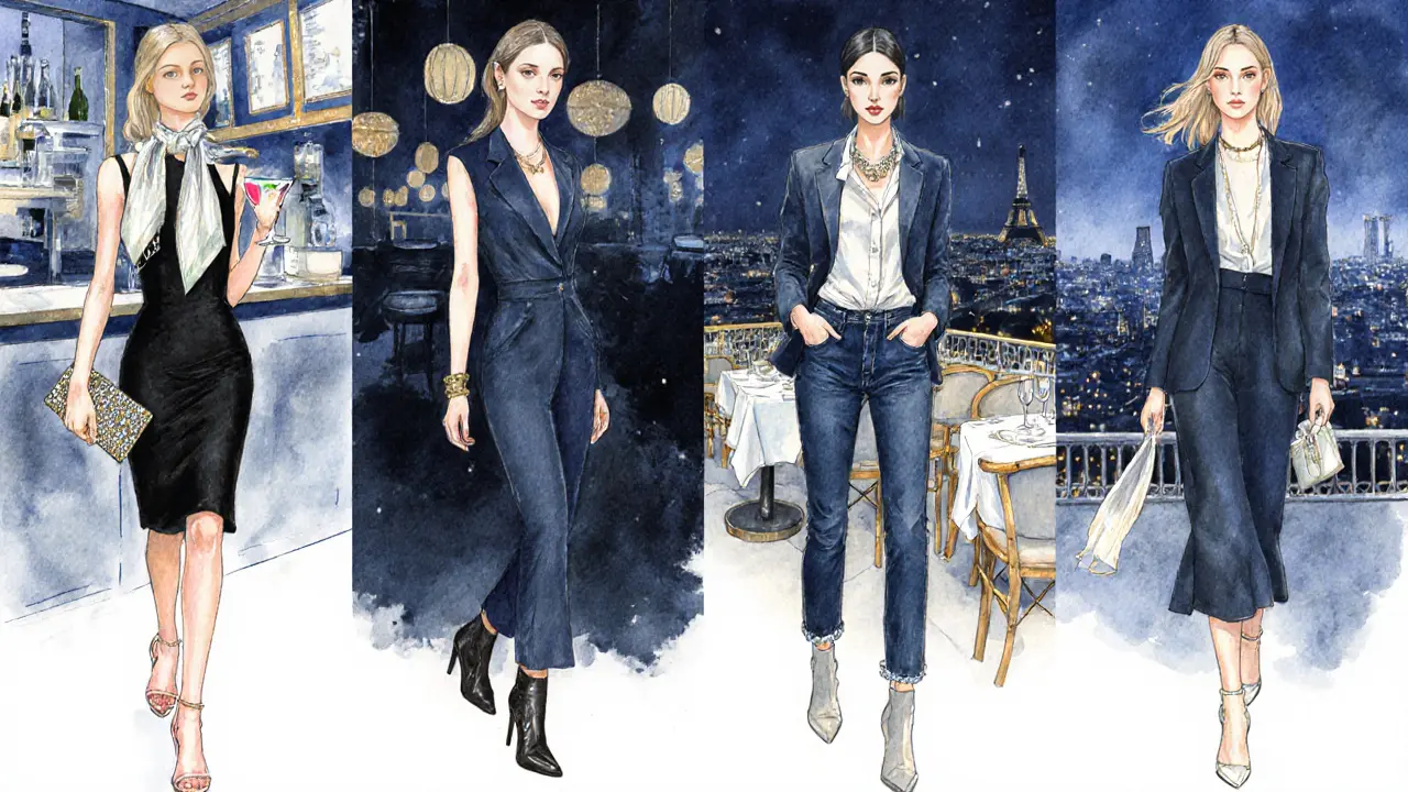 Watercolor illustration of four Paris venues showing different stylish outfits.