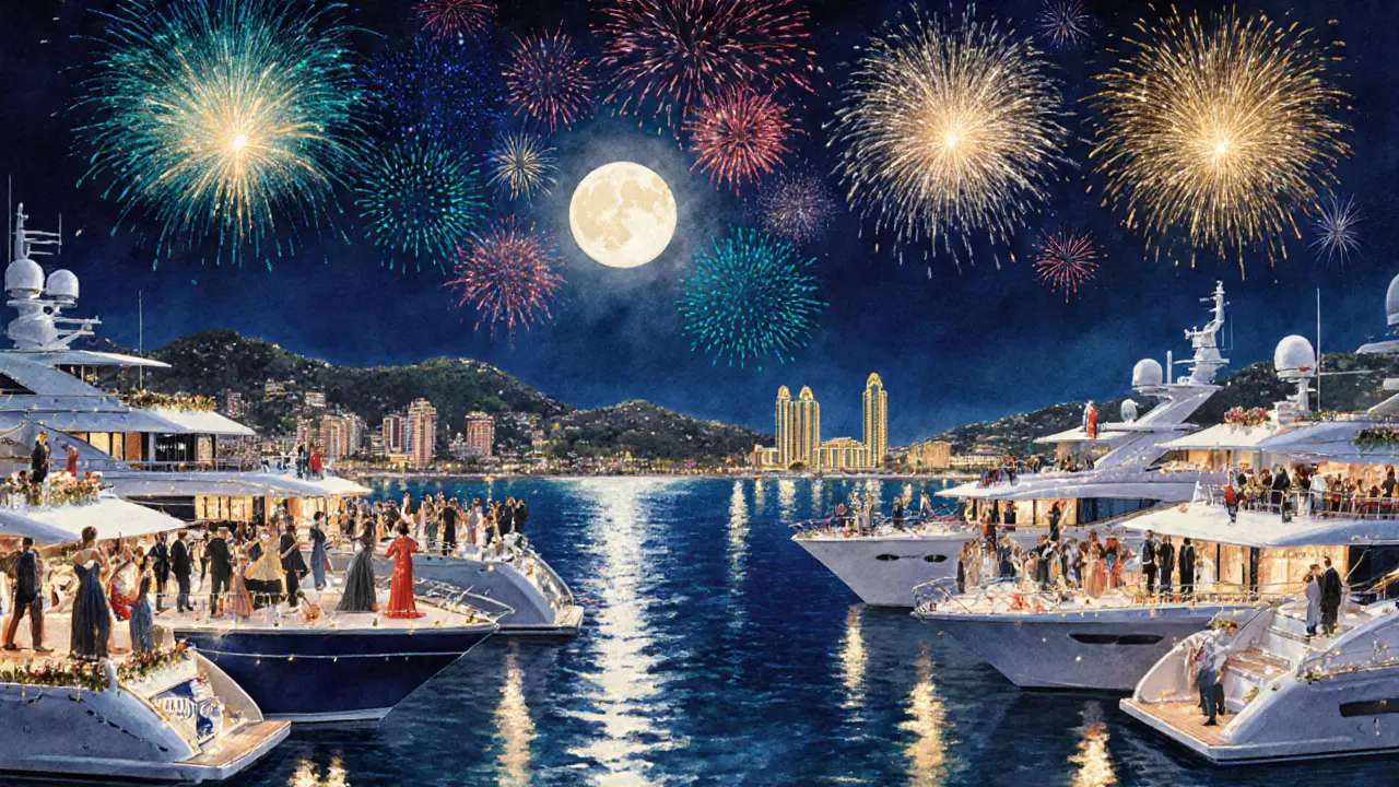 Yacht party during Festival de Monte‑Carlo with lanterns, fireworks, and dancing guests.