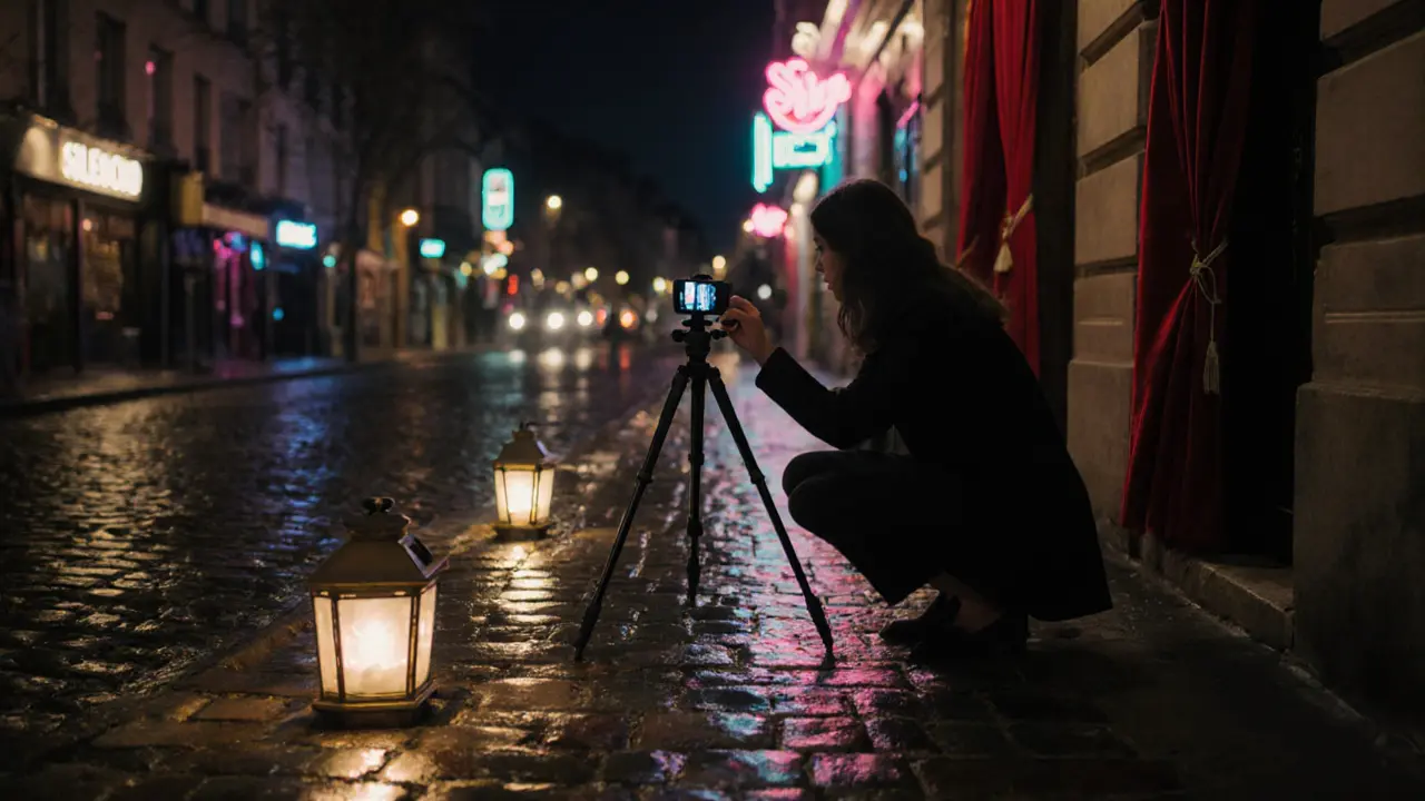 Young woman taking a photo on a tripod in a lantern-lit Paris alley.