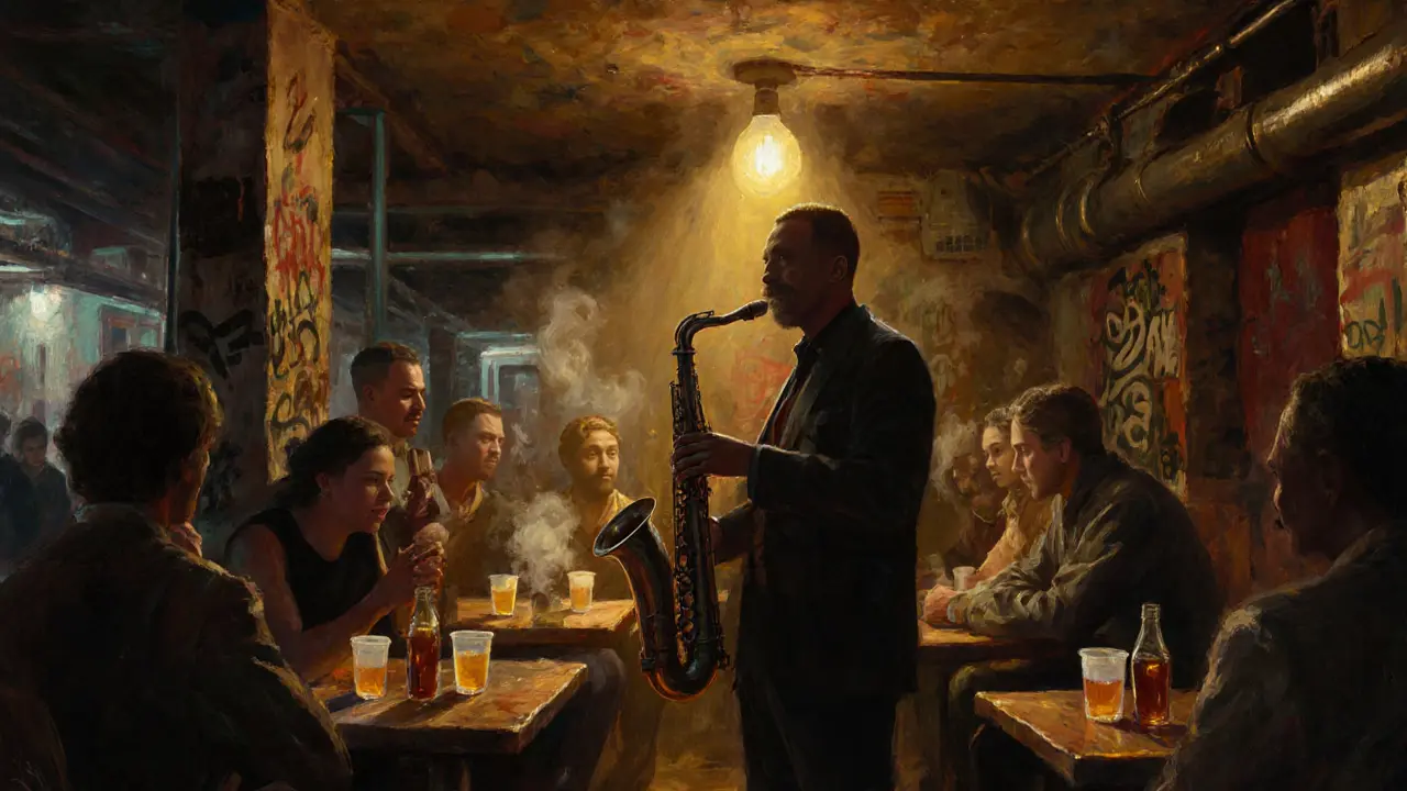 A basement jazz club under a train bridge, musicians playing in warm dim light with patrons swaying softly.