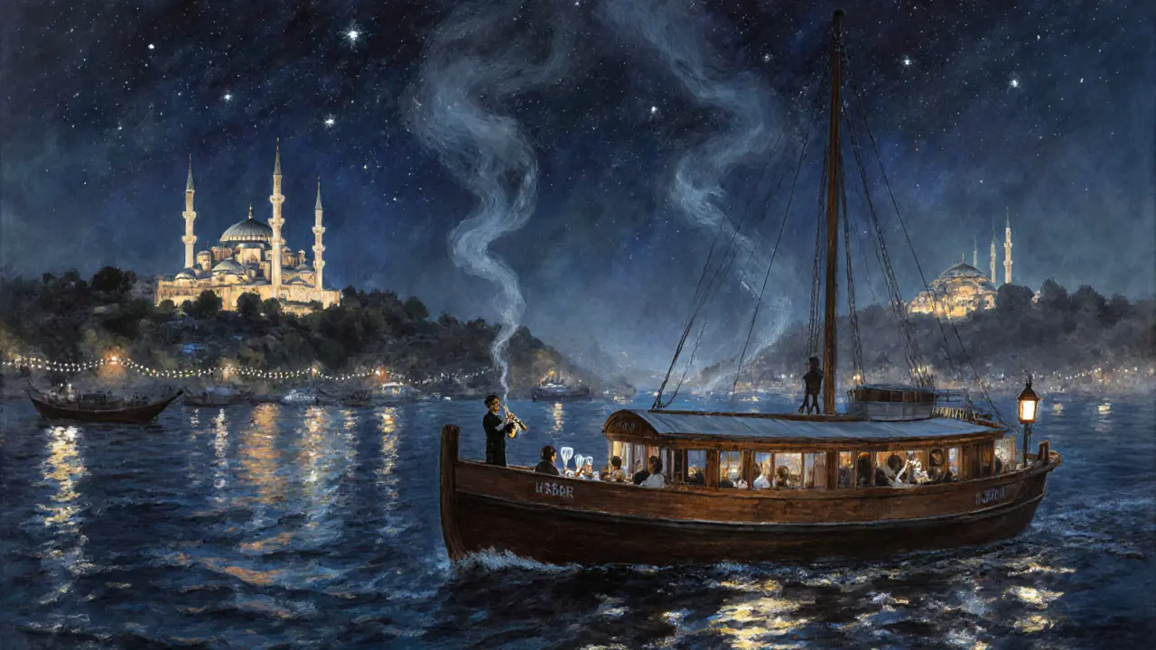 A boat gliding on the Bosphorus at night with illuminated city lights reflecting on the water.