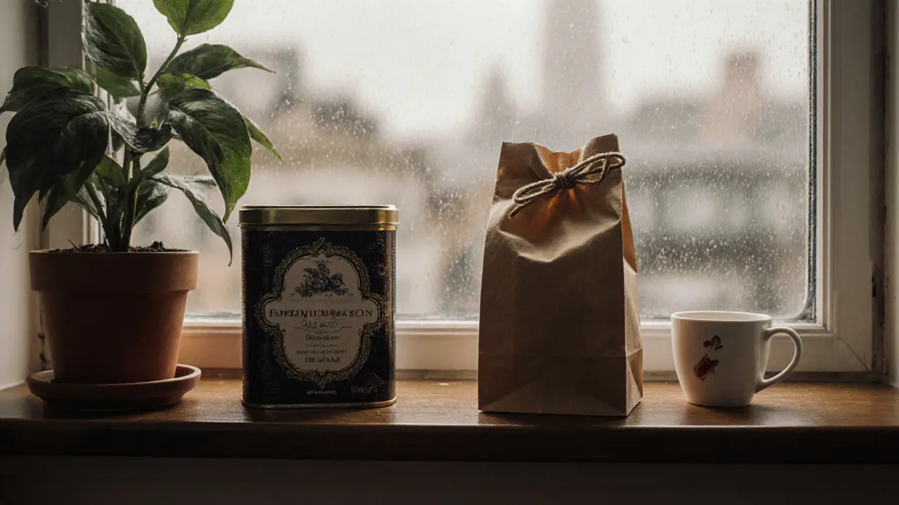 A brown paper bag with twine, a small plant, and tea tin on a windowsill overlooking rainy London streets.