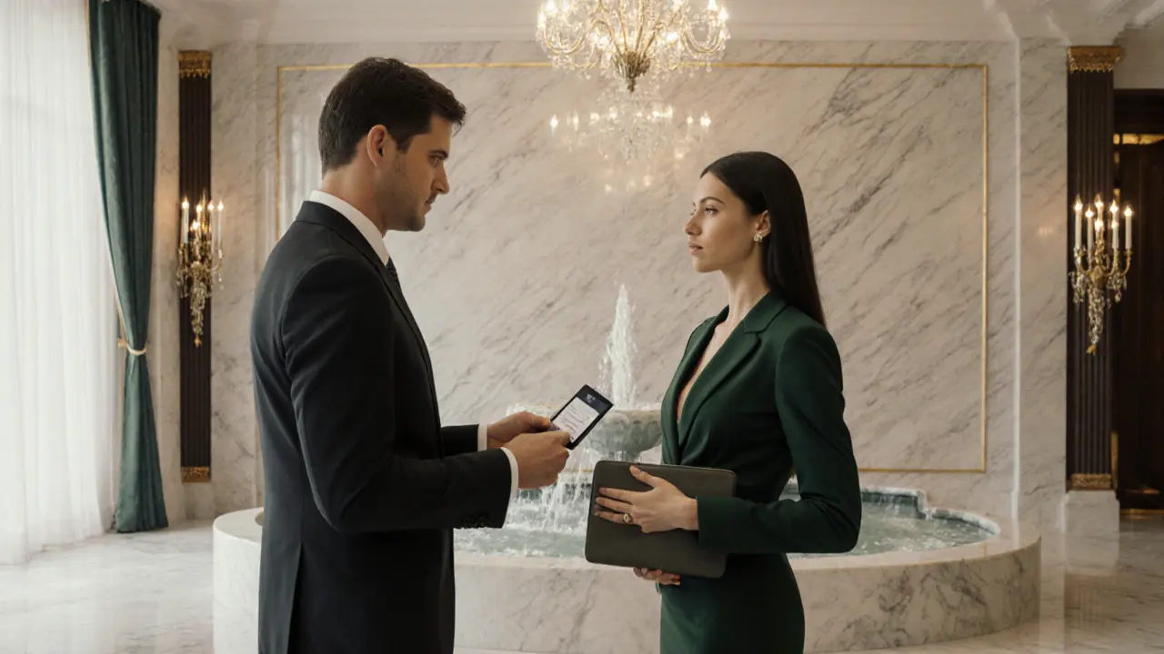 A client and escort meet professionally in a luxury Milan hotel lobby, exchanging ID with discretion and poise.