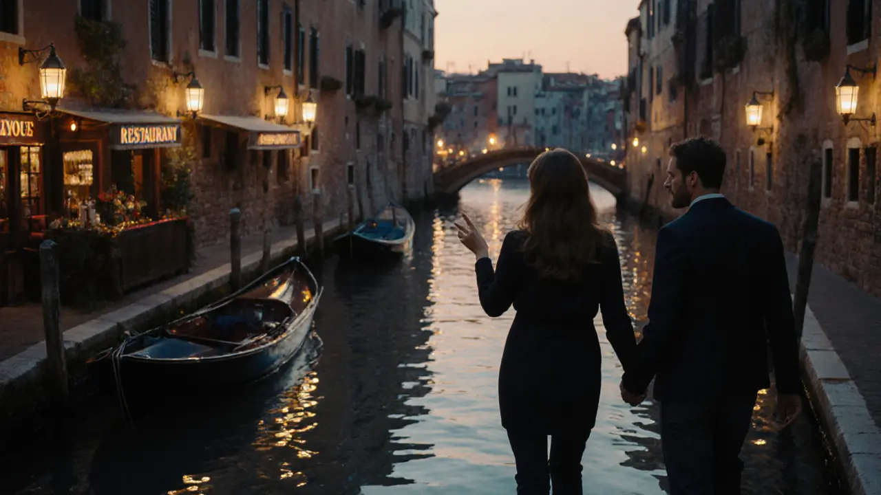 A couple walking along the Navigli canal at dusk, pointing out a hidden restaurant.