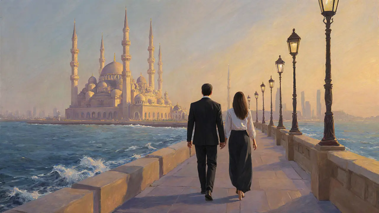 A couple walks peacefully along the Corniche at dusk, mosque glowing in the distance, lanterns lining the path.