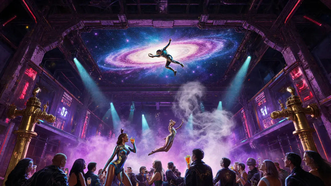 A cyberpunk cabaret with flying acrobats and neon projections over a crowd in an industrial space.