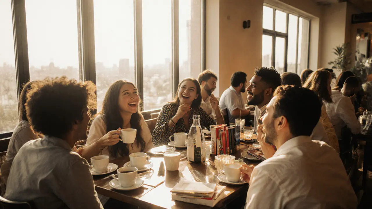 A diverse group of expats laughs together at a sunny Dubai café during a community meetup.