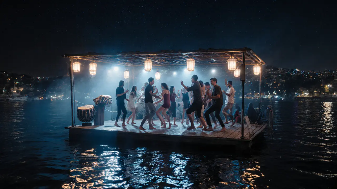 A floating boat bar on the Bosphorus at midnight, people dancing barefoot under lanterns with water reflections.
