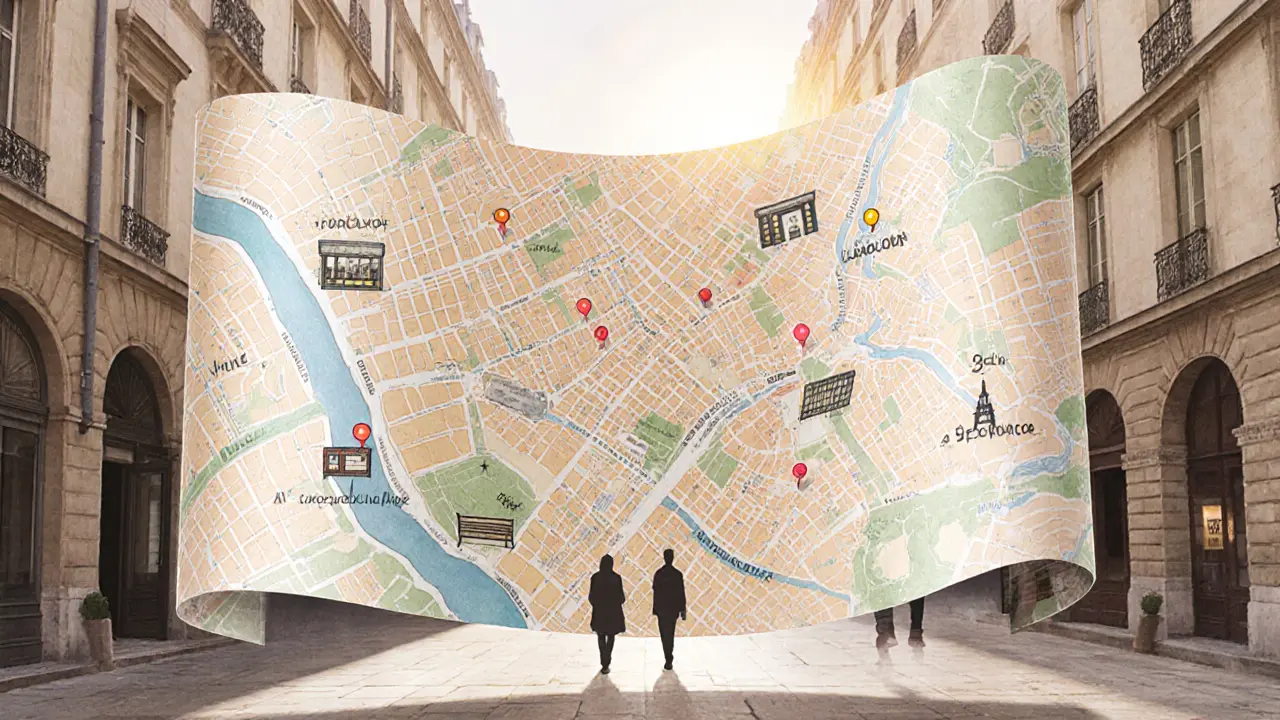 A hand-drawn map of Paris reveals hidden local spots, with two figures walking along its path under soft sunlight.